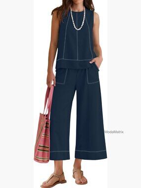 Women's Two Piece Set Sleeveless Top Wide Leg Crop Pants Lounge Travel